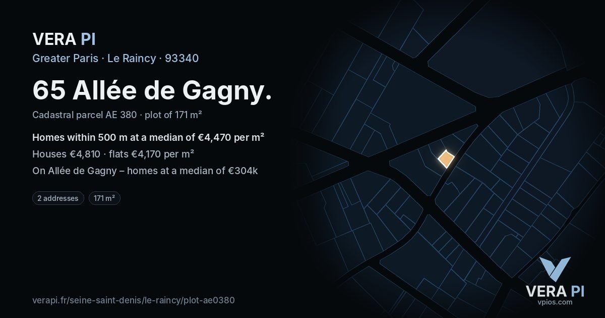65 Allée de Gagny, Le Raincy at night – the plot lit, the parcels around coloured by the prices near them