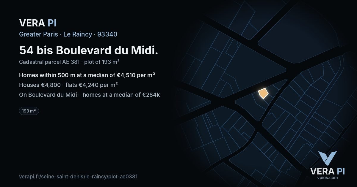 54 bis Boulevard du Midi, Le Raincy at night – the plot lit, the parcels around coloured by the prices near them