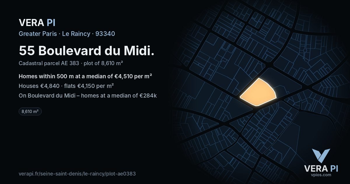 55 Boulevard du Midi, Le Raincy at night – the plot lit, the parcels around coloured by the prices near them