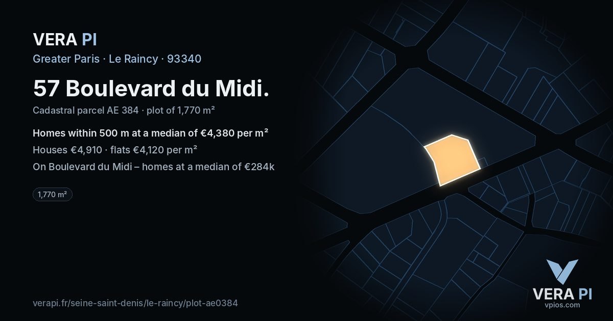 57 Boulevard du Midi, Le Raincy at night – the plot lit, the parcels around coloured by the prices near them
