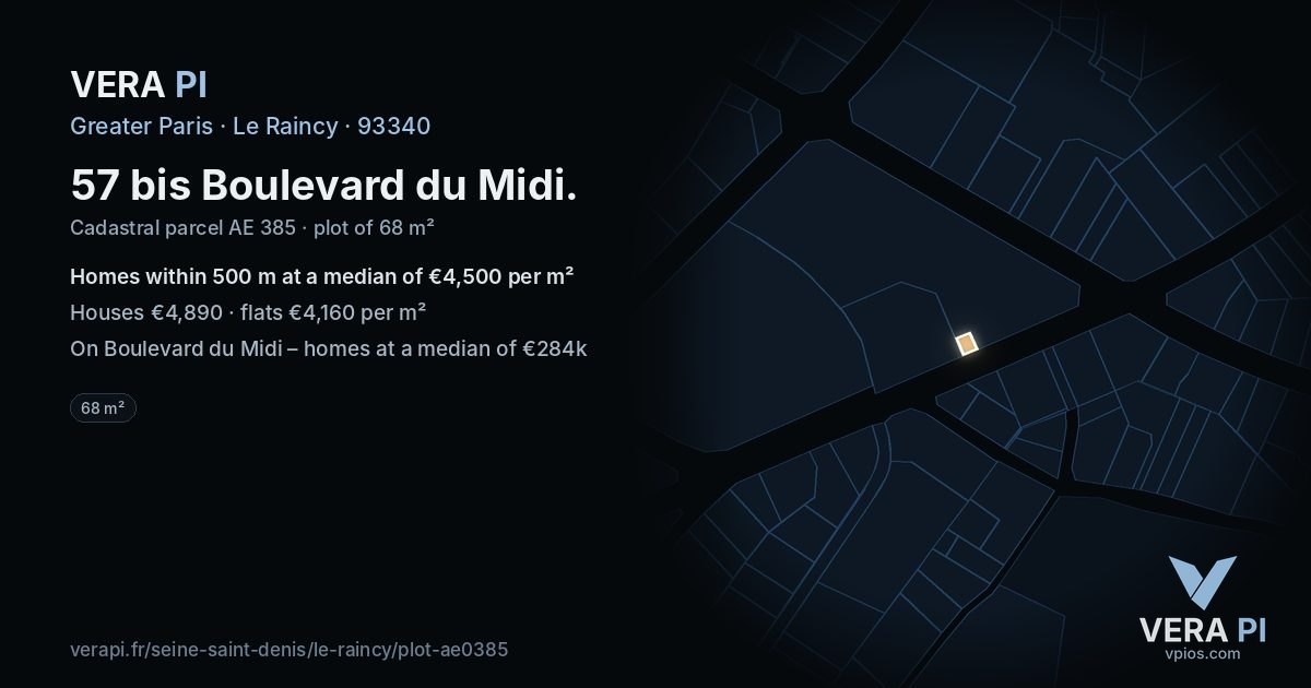 57 bis Boulevard du Midi, Le Raincy at night – the plot lit, the parcels around coloured by the prices near them