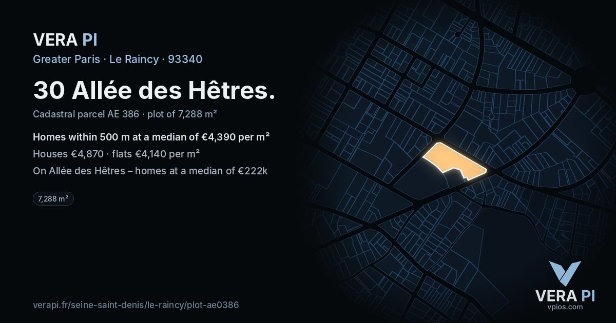 30 Allée des Hêtres, Le Raincy at night – the plot lit, the parcels around coloured by the prices near them