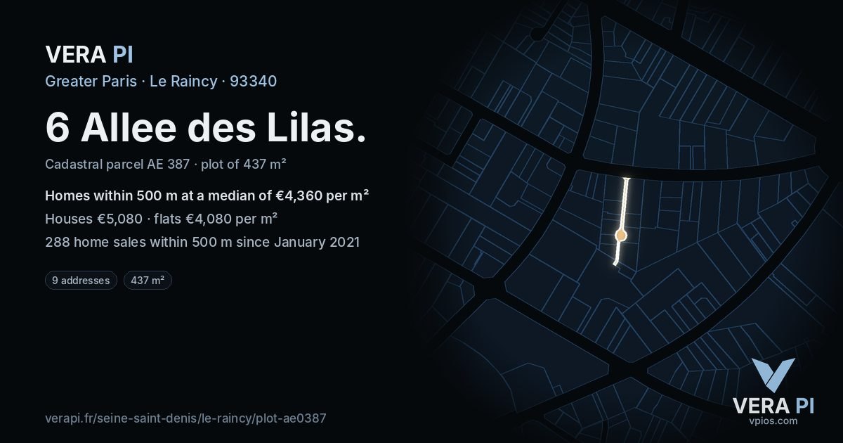6 Allee des Lilas, Le Raincy at night – the plot lit, the parcels around coloured by the prices near them