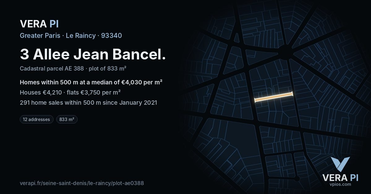 3 Allee Jean Bancel, Le Raincy at night – the plot lit, the parcels around coloured by the prices near them