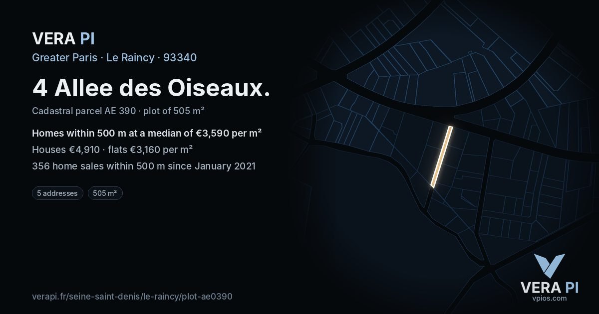 4 Allee des Oiseaux, Le Raincy at night – the plot lit, the parcels around coloured by the prices near them