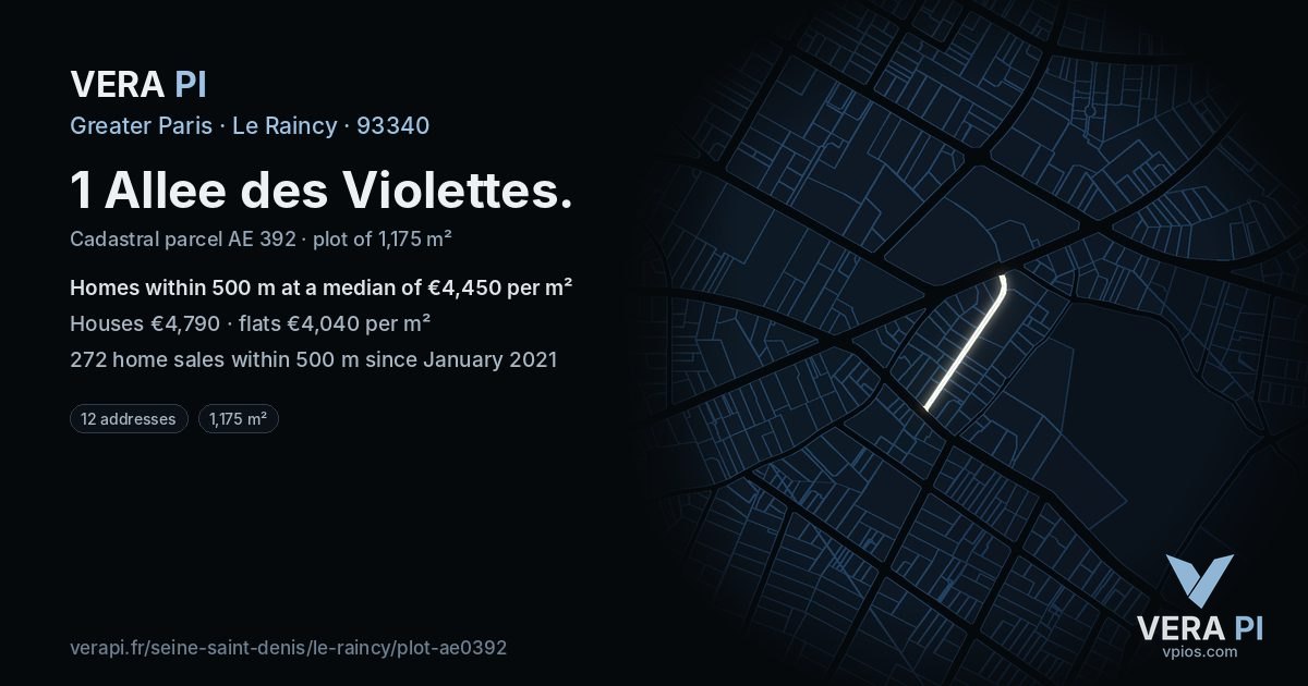 1 Allee des Violettes, Le Raincy at night – the plot lit, the parcels around coloured by the prices near them