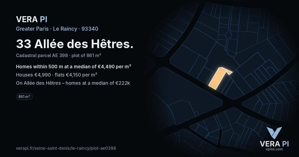 33 Allée des Hêtres, Le Raincy at night – the plot lit, the parcels around coloured by the prices near them
