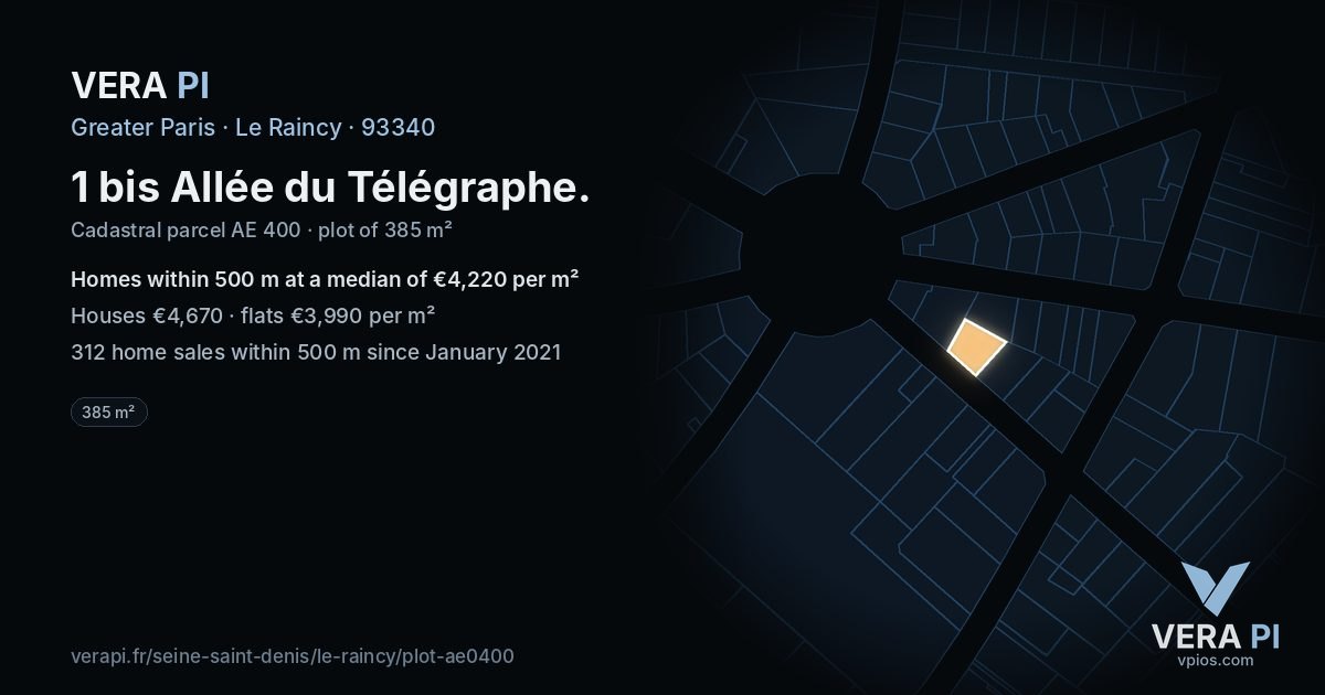 1 bis Allée du Télégraphe, Le Raincy at night – the plot lit, the parcels around coloured by the prices near them
