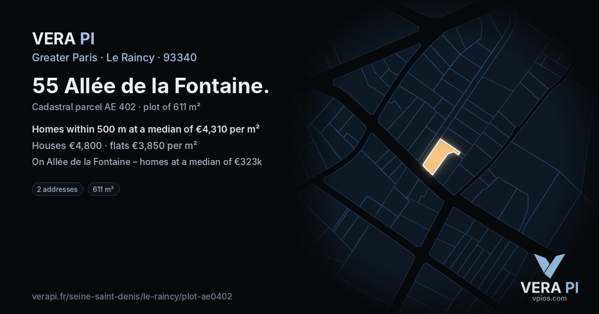 55 Allée de la Fontaine, Le Raincy at night – the plot lit, the parcels around coloured by the prices near them