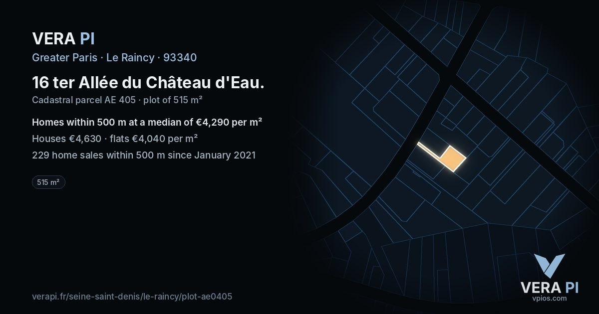 16 ter Allée du Château d'Eau, Le Raincy at night – the plot lit, the parcels around coloured by the prices near them