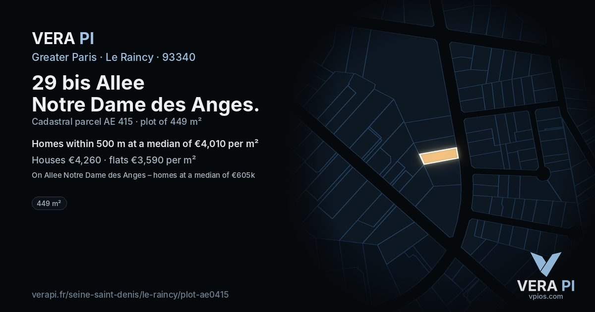 29 bis Allee Notre Dame des Anges, Le Raincy at night – the plot lit, the parcels around coloured by the prices near them