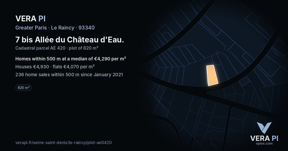 7 bis Allée du Château d'Eau, Le Raincy at night – the plot lit, the parcels around coloured by the prices near them