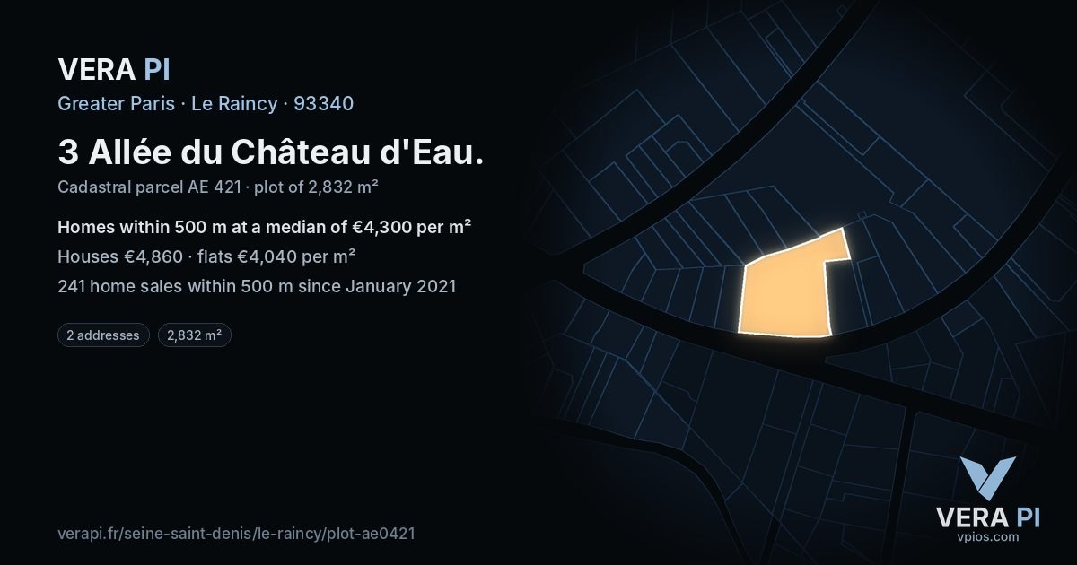 3 Allée du Château d'Eau, Le Raincy at night – the plot lit, the parcels around coloured by the prices near them