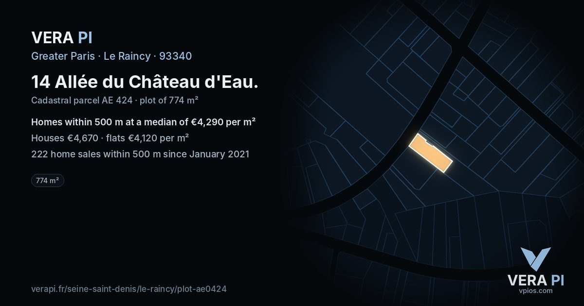 14 Allée du Château d'Eau, Le Raincy at night – the plot lit, the parcels around coloured by the prices near them