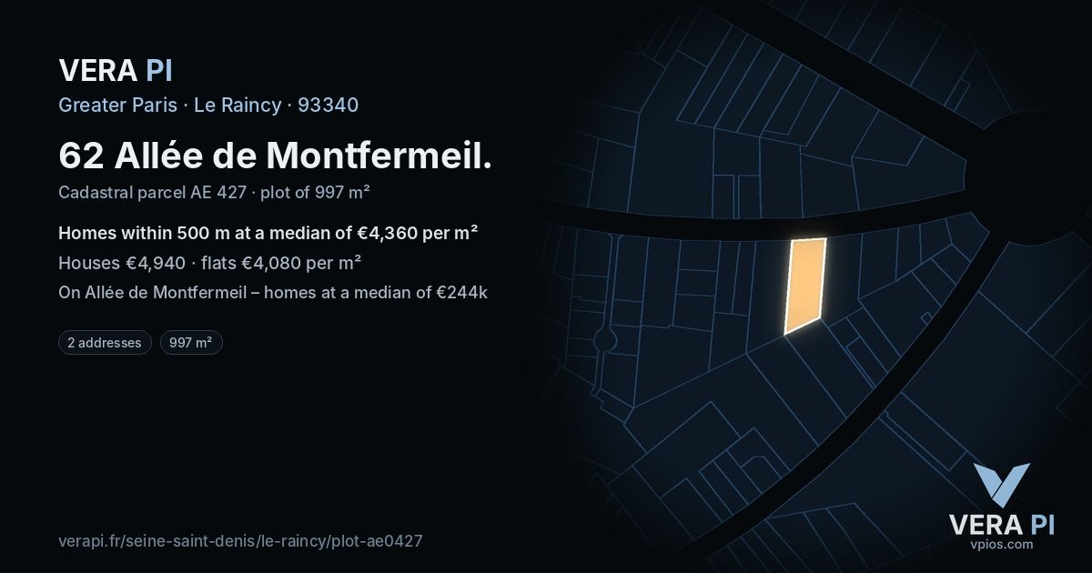 62 Allée de Montfermeil, Le Raincy at night – the plot lit, the parcels around coloured by the prices near them