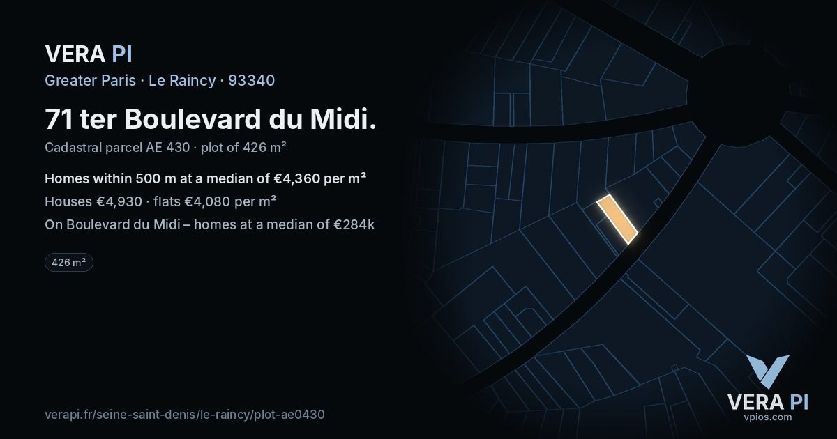 71 ter Boulevard du Midi, Le Raincy at night – the plot lit, the parcels around coloured by the prices near them