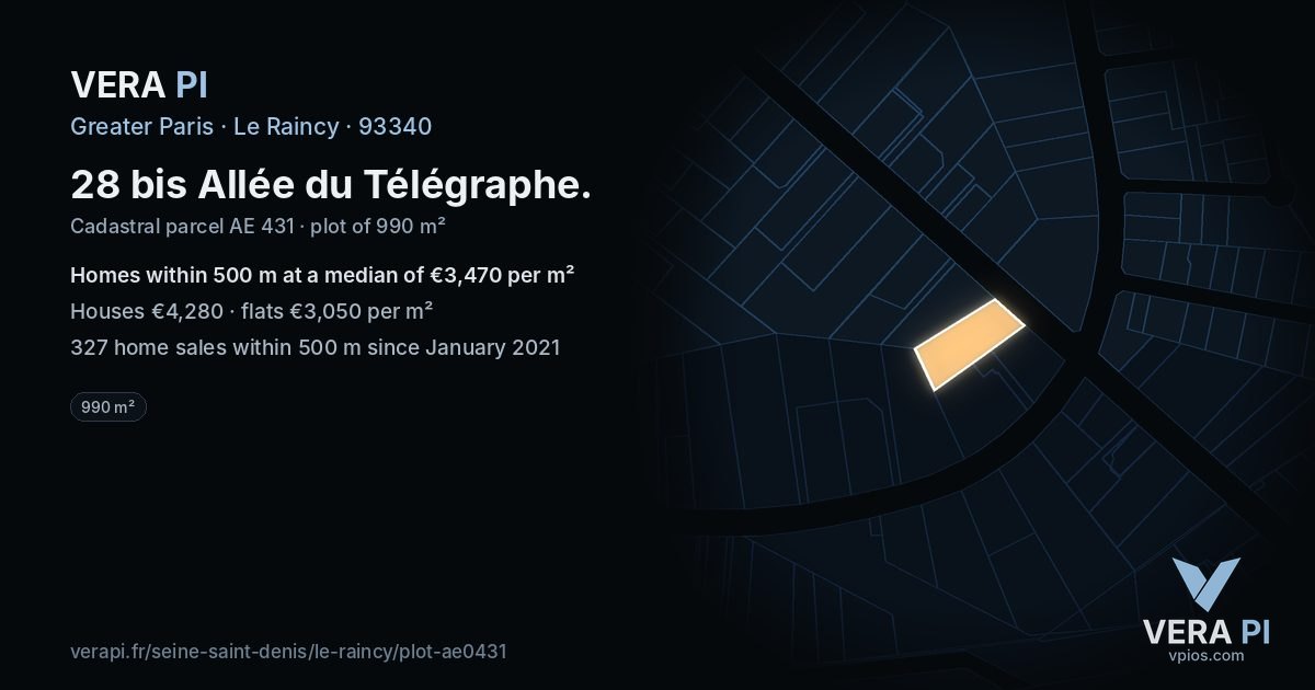 28 bis Allée du Télégraphe, Le Raincy at night – the plot lit, the parcels around coloured by the prices near them