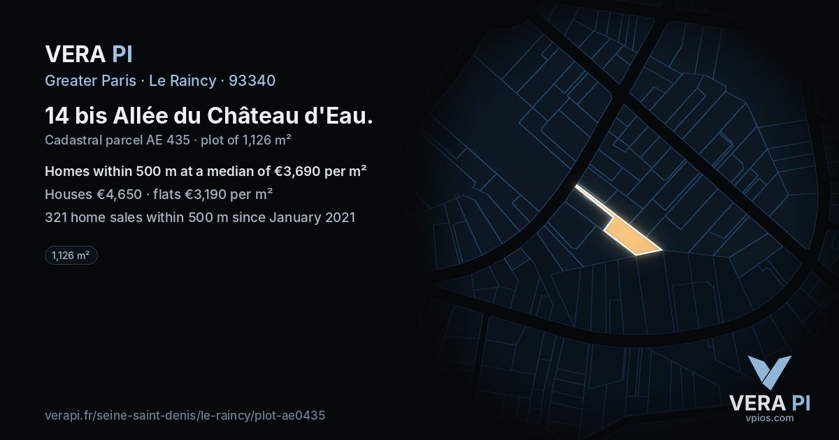 14 bis Allée du Château d'Eau, Le Raincy at night – the plot lit, the parcels around coloured by the prices near them