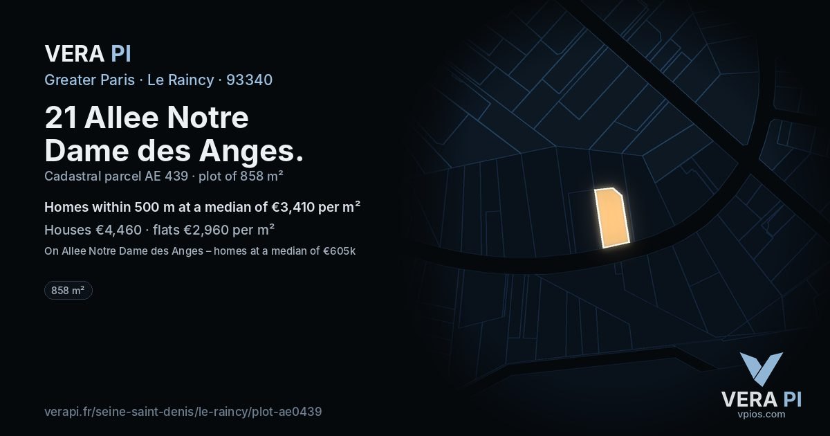 21 Allee Notre Dame des Anges, Le Raincy at night – the plot lit, the parcels around coloured by the prices near them