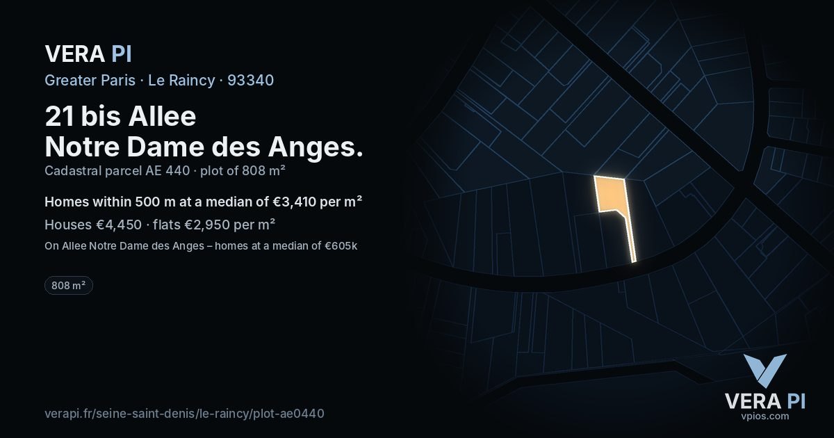 21 bis Allee Notre Dame des Anges, Le Raincy at night – the plot lit, the parcels around coloured by the prices near them