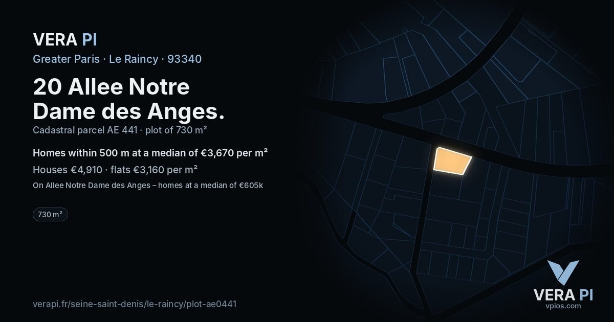 20 Allee Notre Dame des Anges, Le Raincy at night – the plot lit, the parcels around coloured by the prices near them