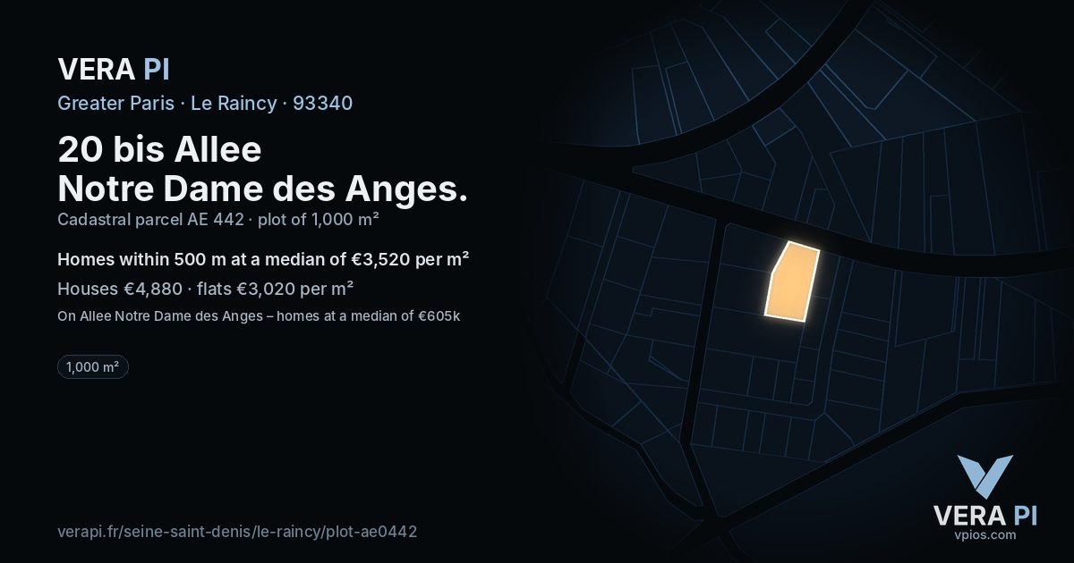 20 bis Allee Notre Dame des Anges, Le Raincy at night – the plot lit, the parcels around coloured by the prices near them