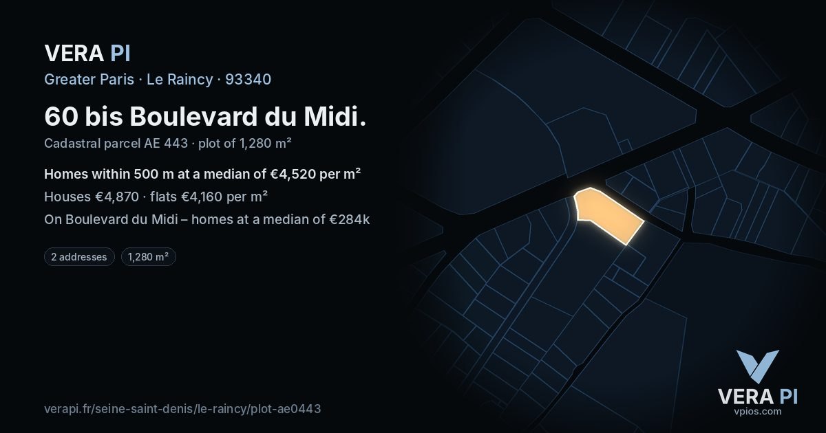 60 bis Boulevard du Midi, Le Raincy at night – the plot lit, the parcels around coloured by the prices near them