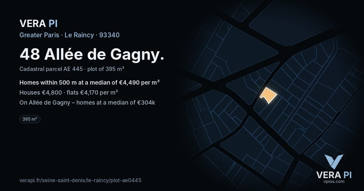 48 Allée de Gagny, Le Raincy at night – the plot lit, the parcels around coloured by the prices near them