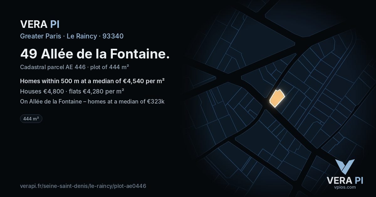 49 Allée de la Fontaine, Le Raincy at night – the plot lit, the parcels around coloured by the prices near them