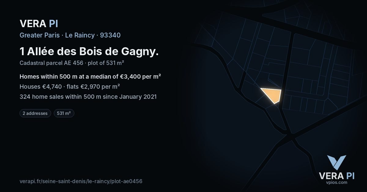 1 Allée des Bois de Gagny, Le Raincy at night – the plot lit, the parcels around coloured by the prices near them