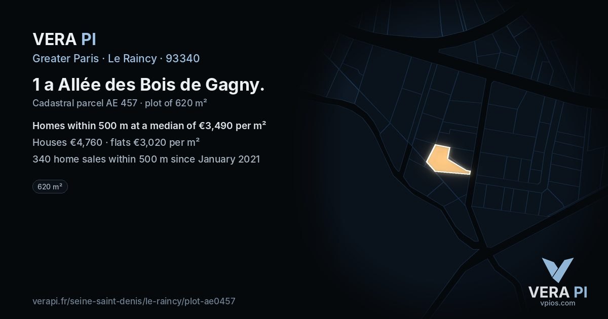 1 a Allée des Bois de Gagny, Le Raincy at night – the plot lit, the parcels around coloured by the prices near them