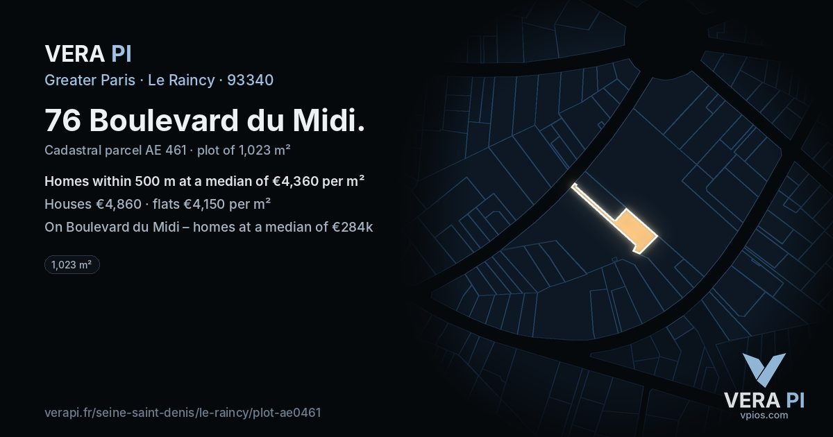 76 Boulevard du Midi, Le Raincy at night – the plot lit, the parcels around coloured by the prices near them