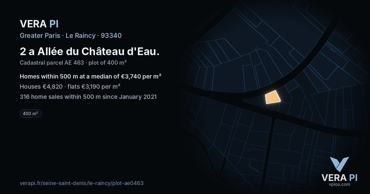 2 a Allée du Château d'Eau, Le Raincy at night – the plot lit, the parcels around coloured by the prices near them