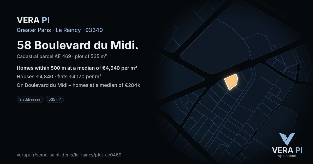 58 Boulevard du Midi, Le Raincy at night – the plot lit, the parcels around coloured by the prices near them