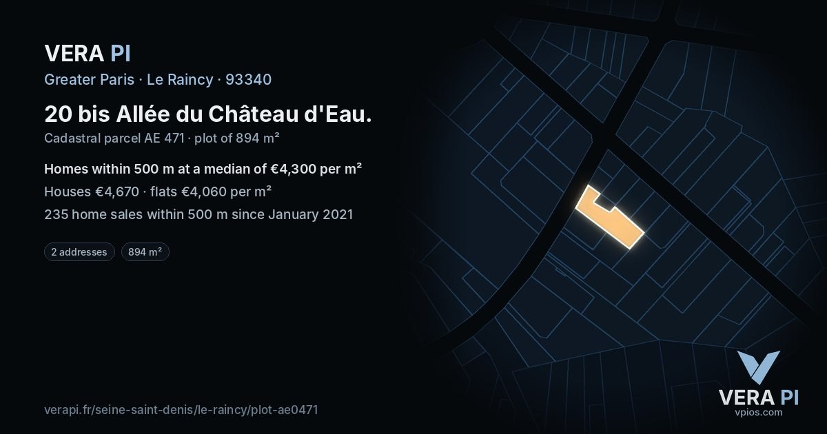 20 bis Allée du Château d'Eau, Le Raincy at night – the plot lit, the parcels around coloured by the prices near them