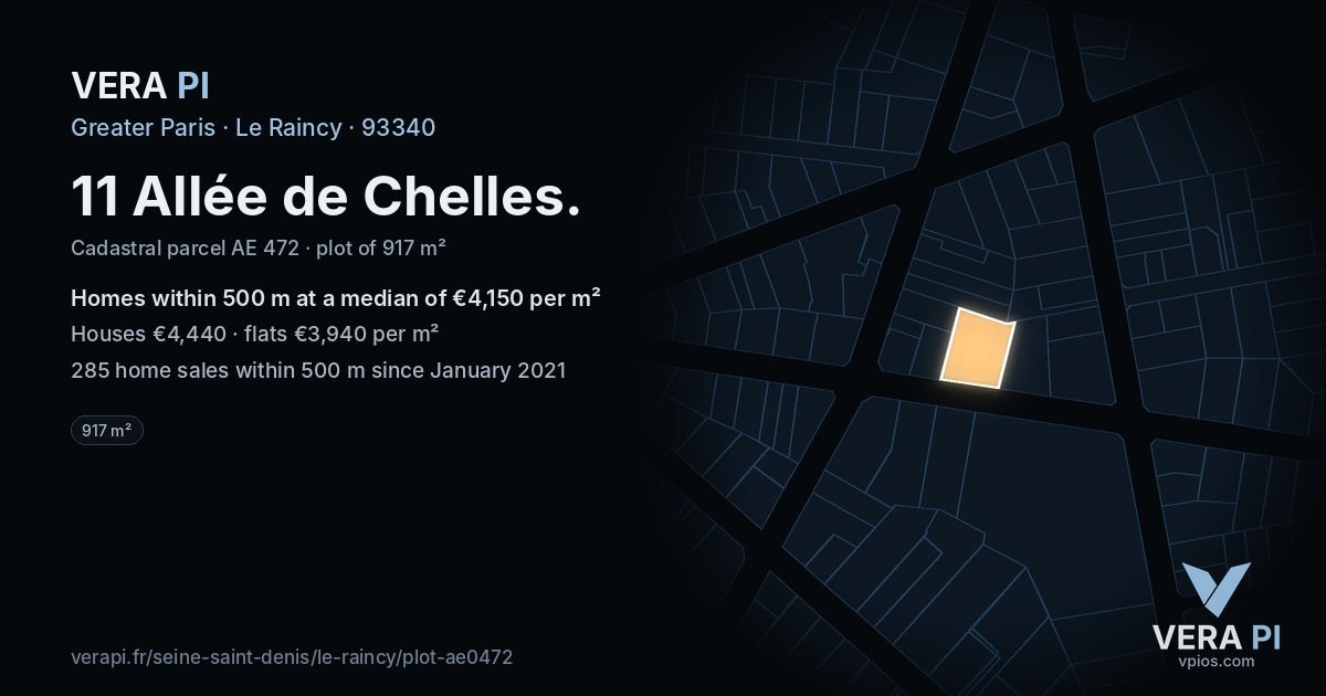 11 Allée de Chelles, Le Raincy at night – the plot lit, the parcels around coloured by the prices near them