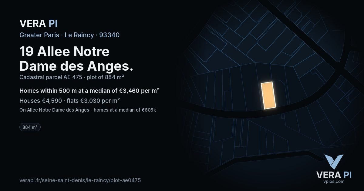 19 Allee Notre Dame des Anges, Le Raincy at night – the plot lit, the parcels around coloured by the prices near them