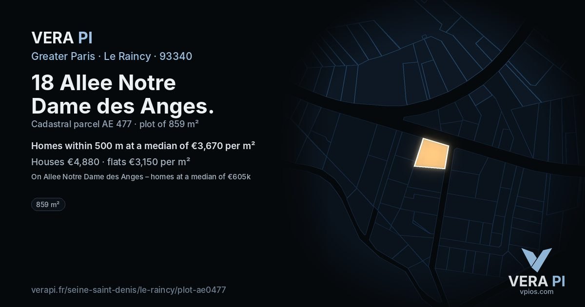 18 Allee Notre Dame des Anges, Le Raincy at night – the plot lit, the parcels around coloured by the prices near them