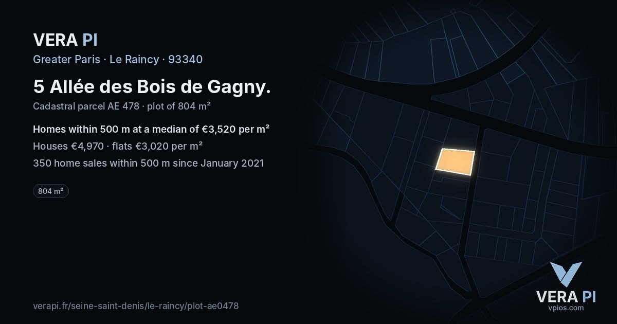 5 Allée des Bois de Gagny, Le Raincy at night – the plot lit, the parcels around coloured by the prices near them