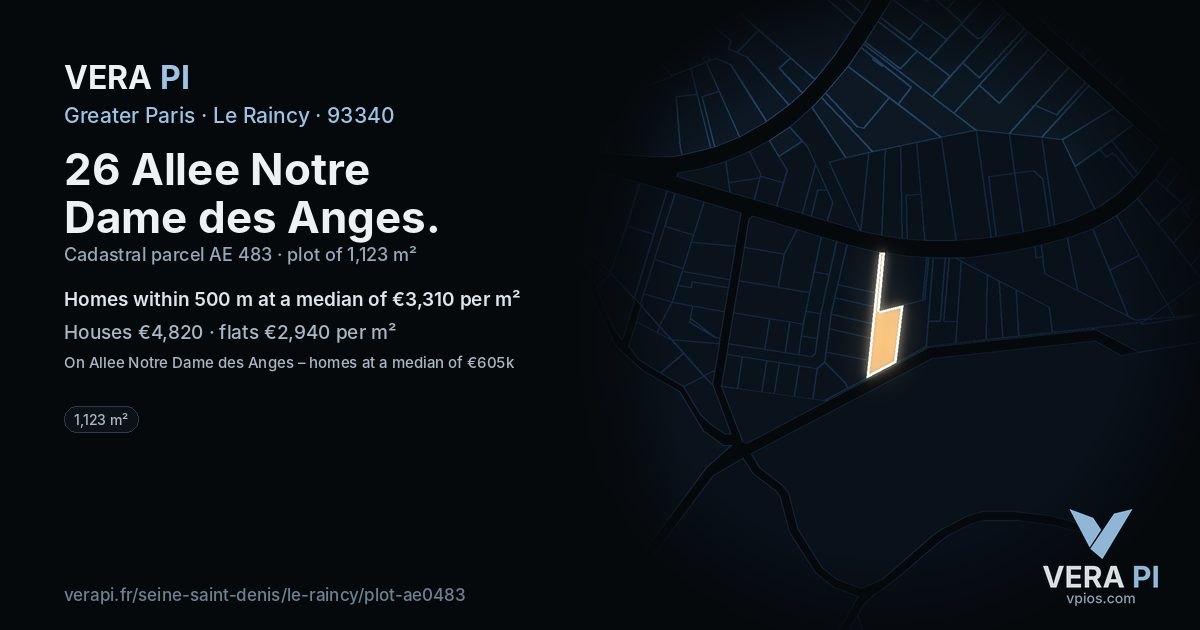 26 Allee Notre Dame des Anges, Le Raincy at night – the plot lit, the parcels around coloured by the prices near them