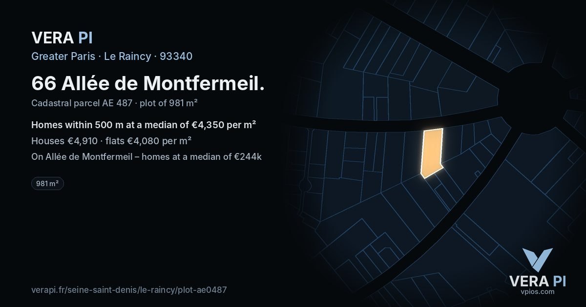 66 Allée de Montfermeil, Le Raincy at night – the plot lit, the parcels around coloured by the prices near them
