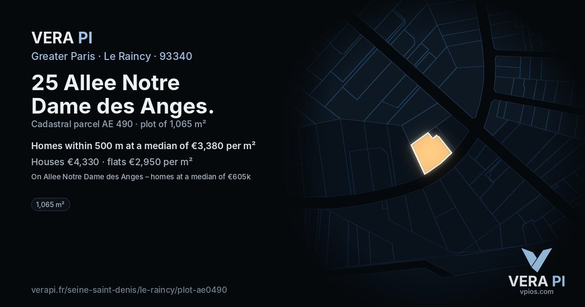 25 Allee Notre Dame des Anges, Le Raincy at night – the plot lit, the parcels around coloured by the prices near them