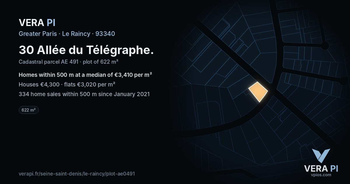 30 Allée du Télégraphe, Le Raincy at night – the plot lit, the parcels around coloured by the prices near them