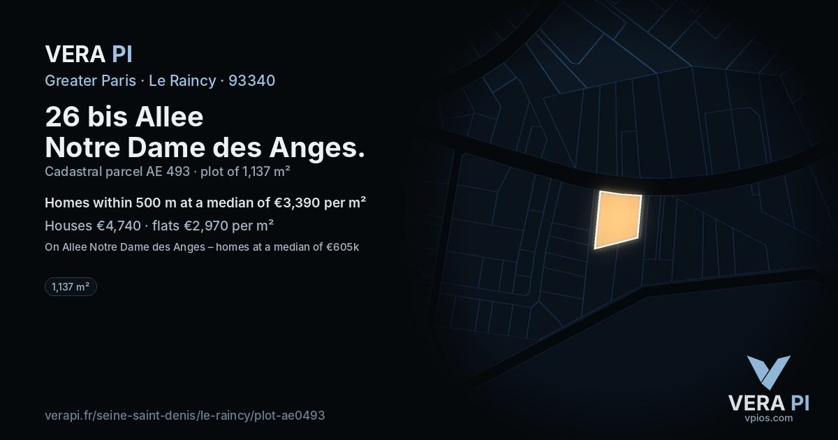26 bis Allee Notre Dame des Anges, Le Raincy at night – the plot lit, the parcels around coloured by the prices near them