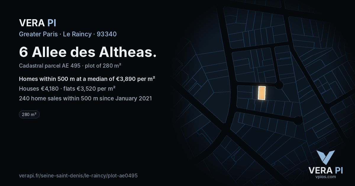 6 Allee des Altheas, Le Raincy at night – the plot lit, the parcels around coloured by the prices near them