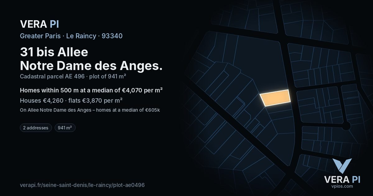 31 bis Allee Notre Dame des Anges, Le Raincy at night – the plot lit, the parcels around coloured by the prices near them