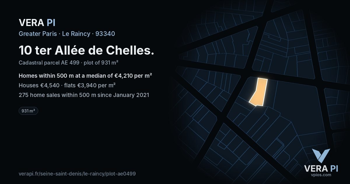 10 ter Allée de Chelles, Le Raincy at night – the plot lit, the parcels around coloured by the prices near them