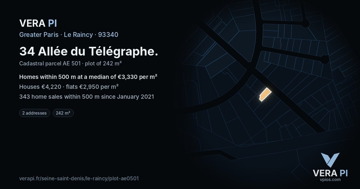 34 Allée du Télégraphe, Le Raincy at night – the plot lit, the parcels around coloured by the prices near them
