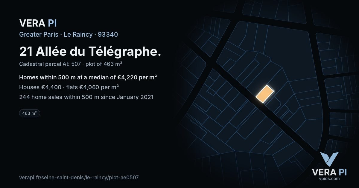 21 Allée du Télégraphe, Le Raincy at night – the plot lit, the parcels around coloured by the prices near them