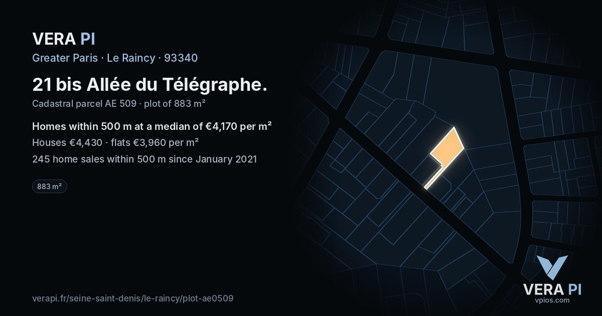 21 bis Allée du Télégraphe, Le Raincy at night – the plot lit, the parcels around coloured by the prices near them